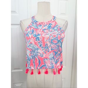 Lilly Pulitzer Womens Pink Sun Ray Siren Print Tassels Selina Crop Top Size 0